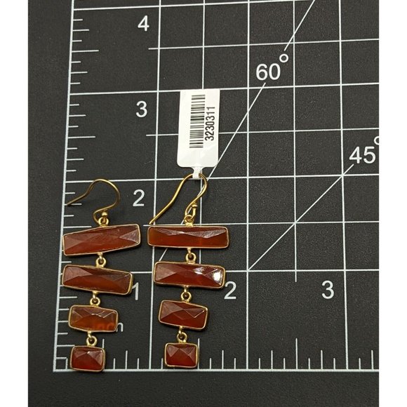 Faceted Orange Red Carnelian Gemstone Stone Dangle Gold Tone Hook Earrings - Picture 3 of 9